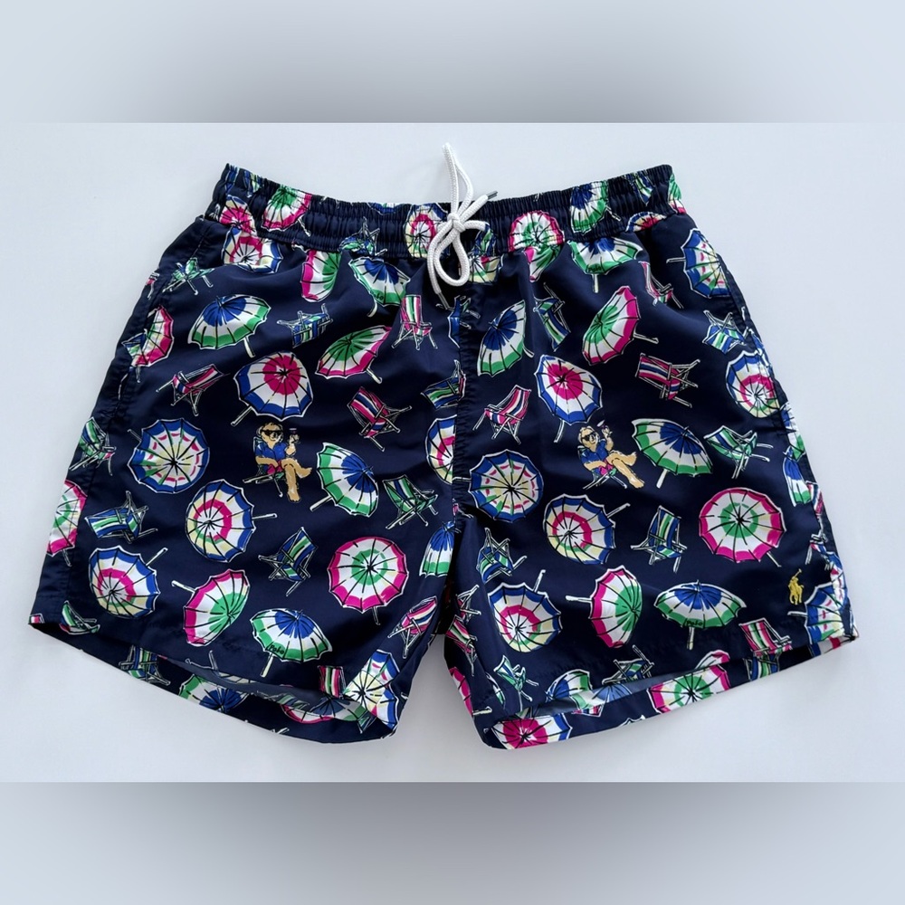 Polo Ralph Lauren Polo Bear Swim Trunks Mens Large L Blue‎ Umbrellas Mesh Lined